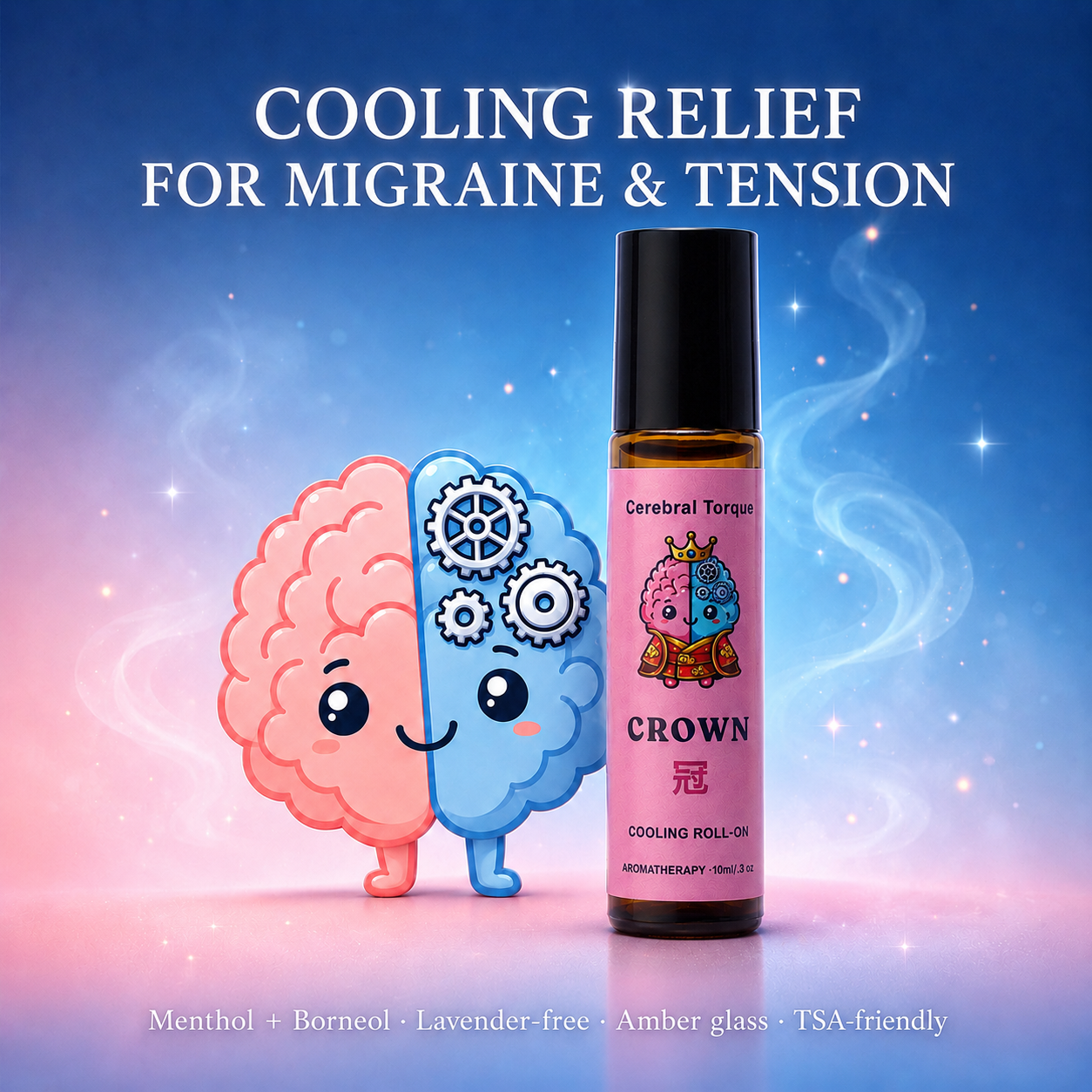 CROWN cooling migraine relief roll on, menthol plus borneol, lavender-free, 10mL