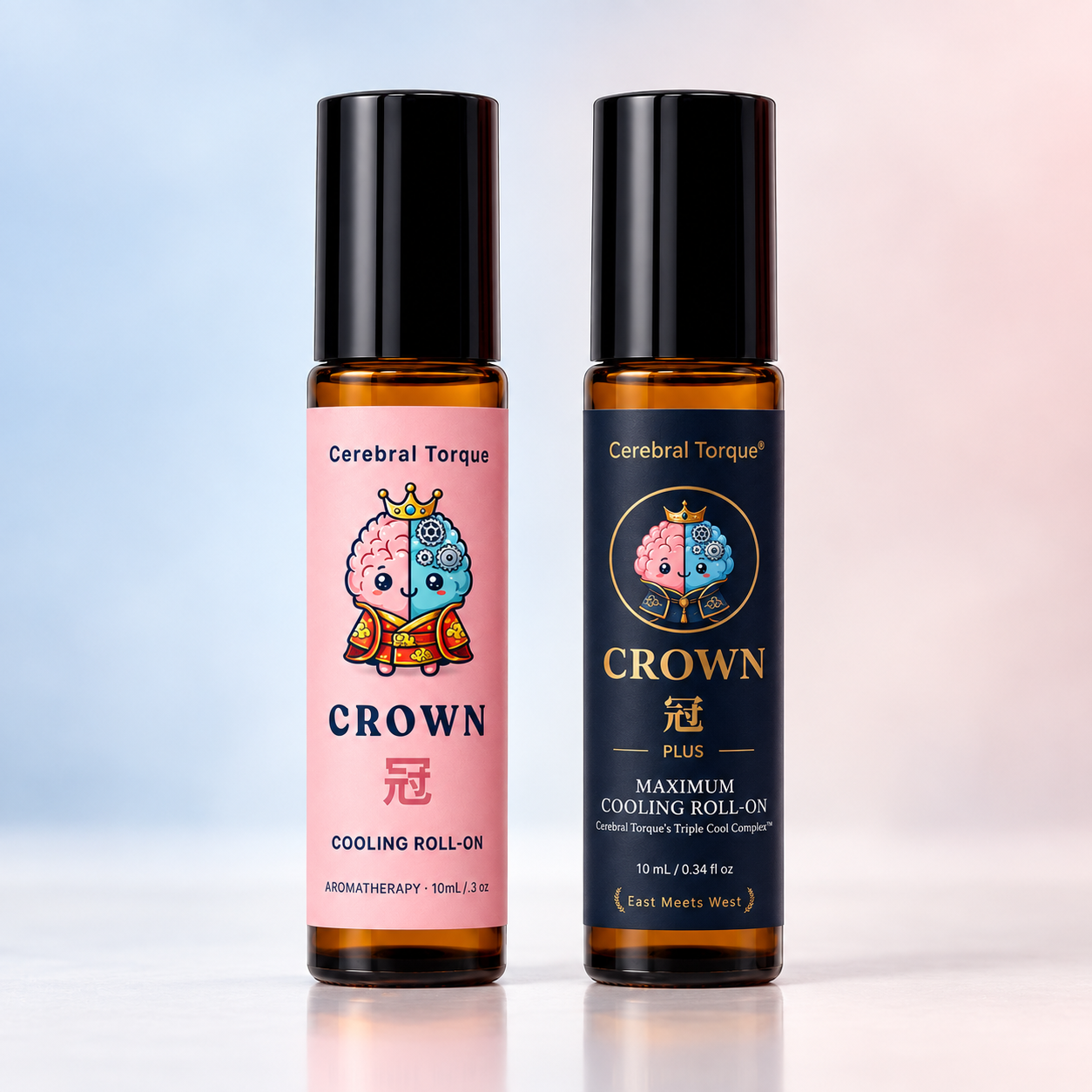 The original CROWN cooling roll-on next to CROWN Plus maximum cooling roll-on, side by side
