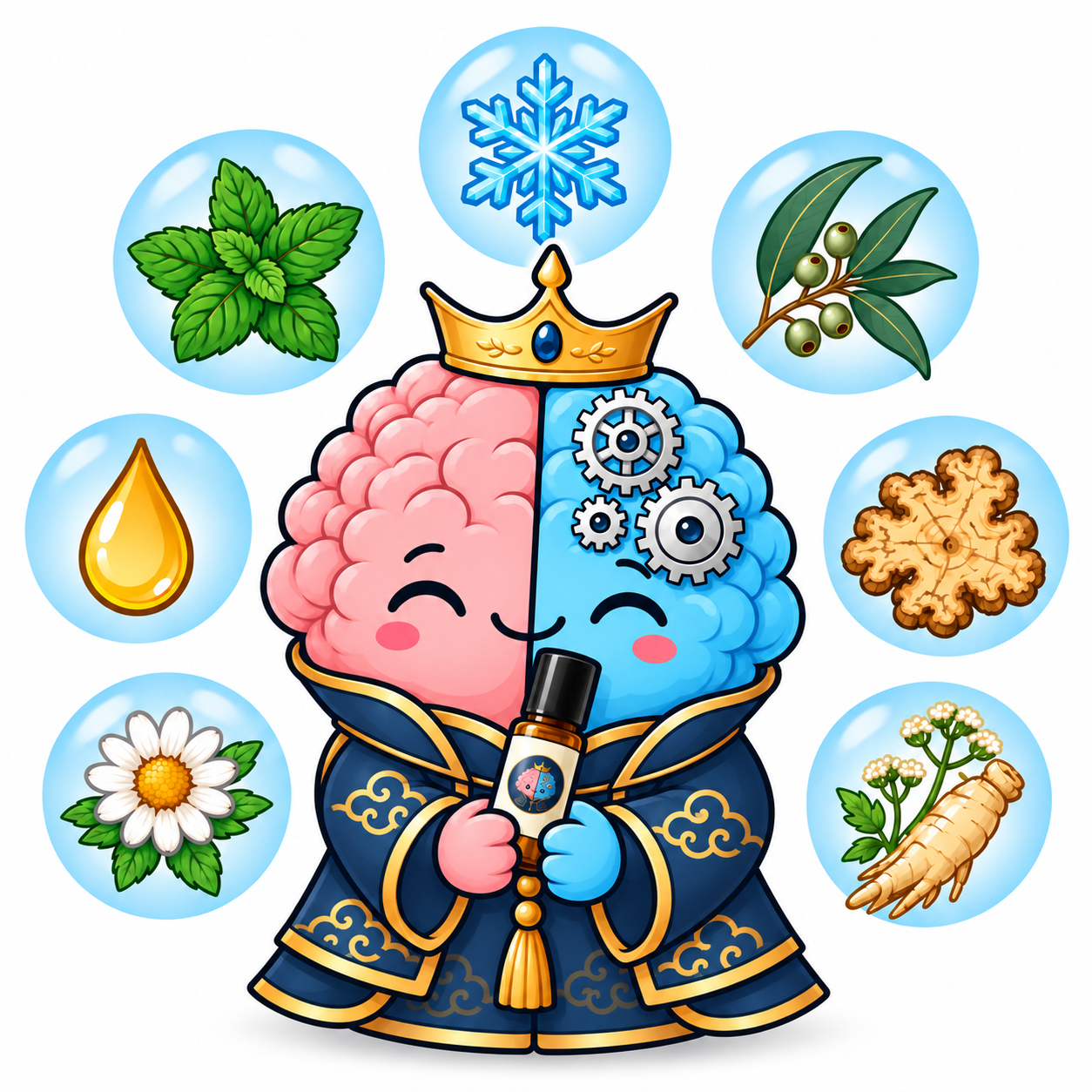 Illustration of the CROWN Plus mascot surrounded by its ingredients: snowflake, peppermint, eucalyptus, chamomile, herbal roots and vitamin E