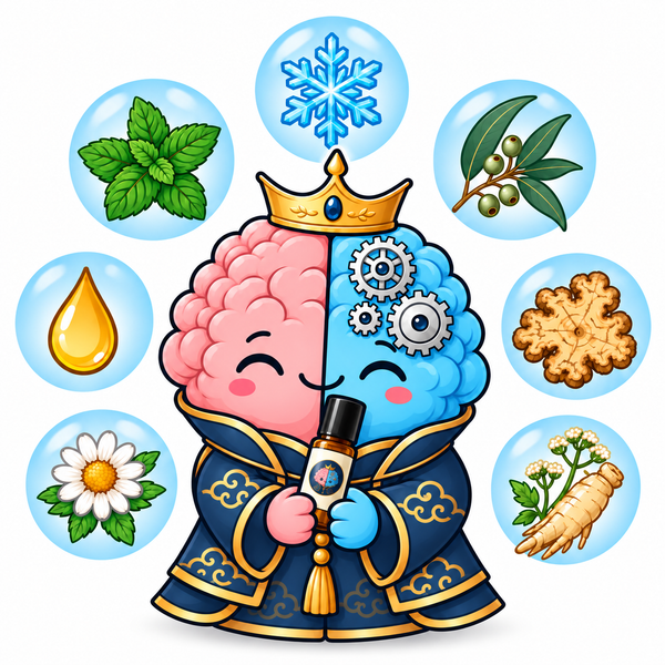 Illustration of the CROWN Plus mascot surrounded by its ingredients: snowflake, peppermint, eucalyptus, chamomile, herbal roots and vitamin E