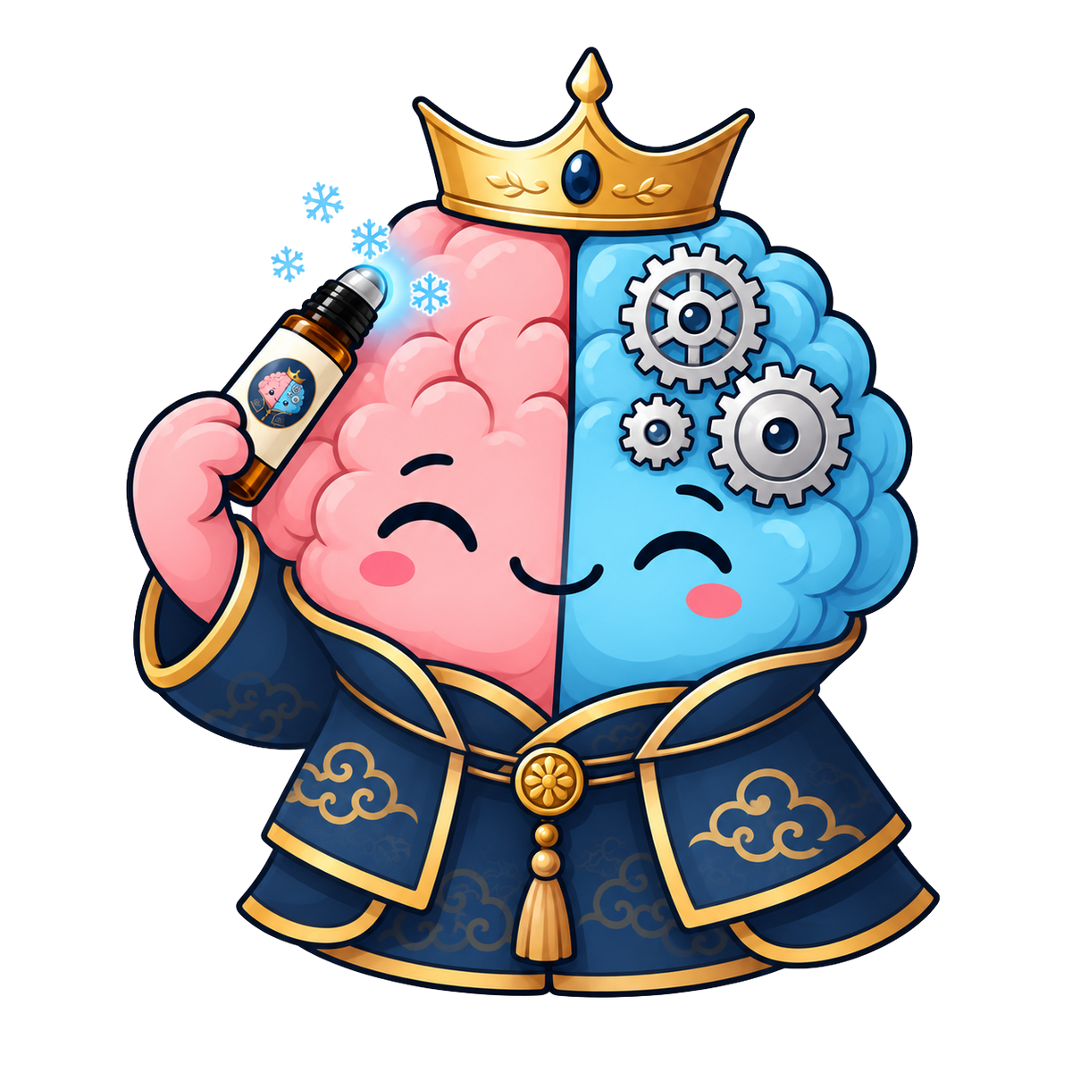 Illustration of the CROWN Plus mascot rolling the cooling roll-on onto its temple