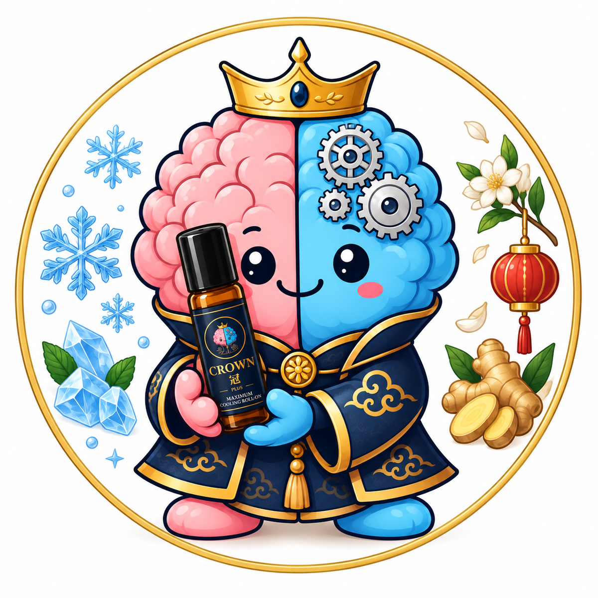Illustration of the CROWN Plus mascot holding the roll-on between cooling snowflakes and Eastern herbs