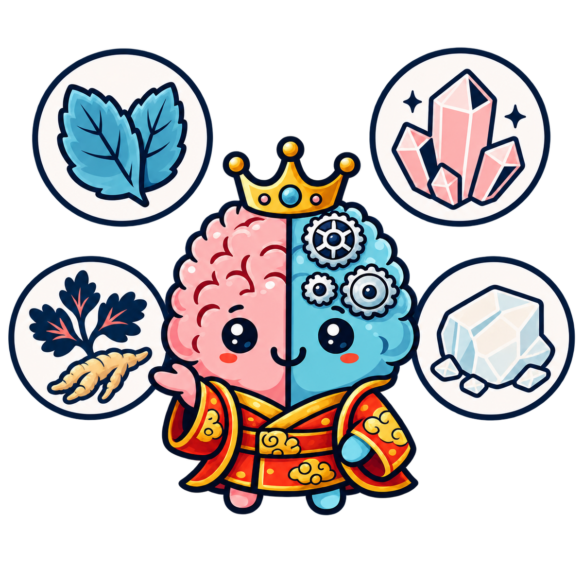 Illustration of the CROWN mascot with its ingredients: mint, borneol crystals, herbal roots and menthol