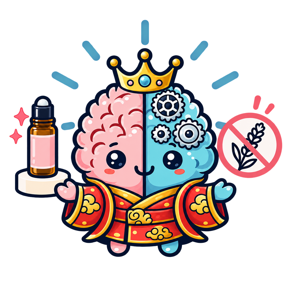 Illustration of the CROWN mascot holding the cooling roll-on next to a lavender-free badge