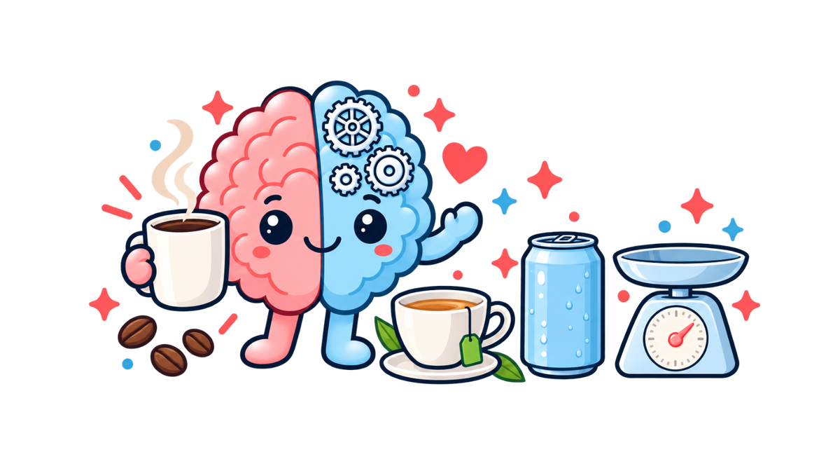 Skipper the brain mascot holding a coffee mug next to tea, a soda can and a kitchen scale