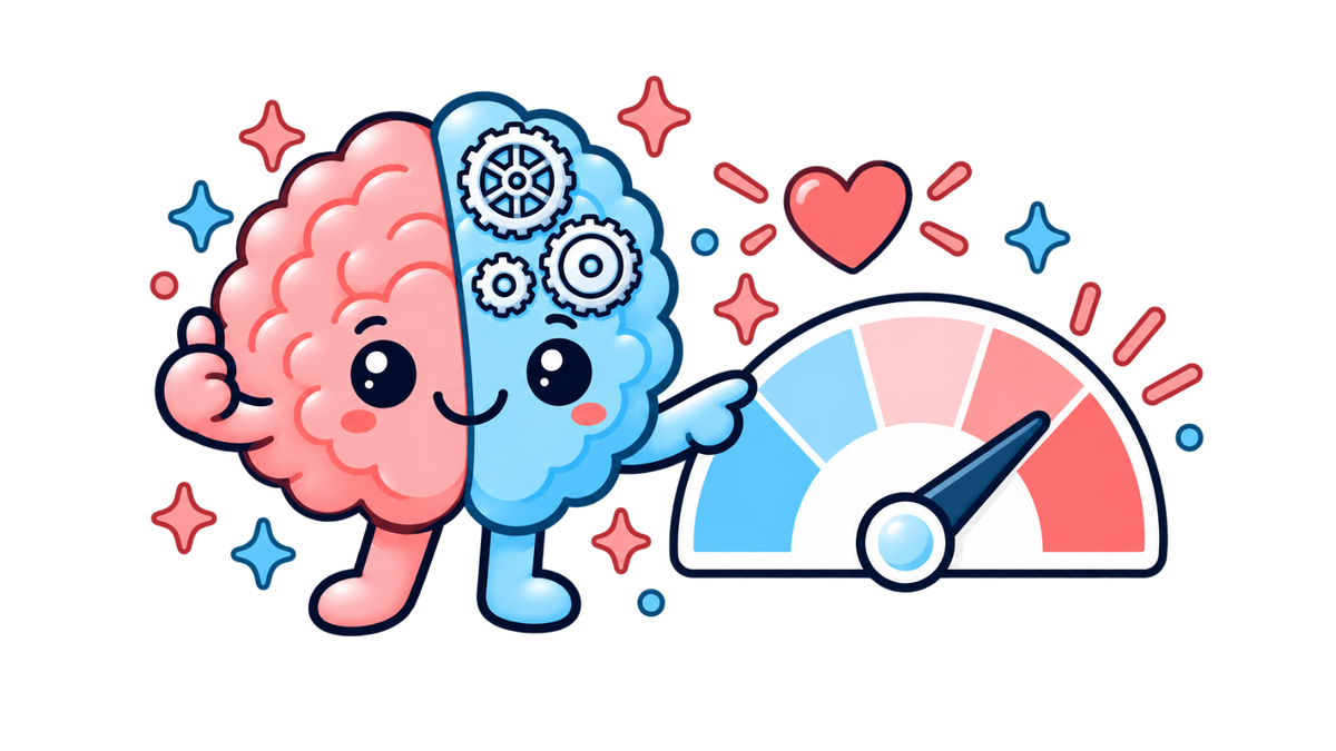 Skipper the brain mascot pointing at a headache impact gauge, for the HIT-6 calculator
