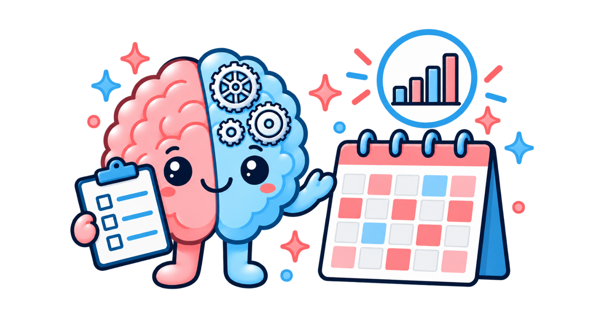 Skipper the brain mascot holding a checklist next to a calendar, for the MIDAS calculator