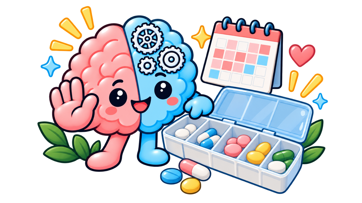 Skipper the brain mascot raising a hand next to a pill organizer, for the medication overuse headache checker