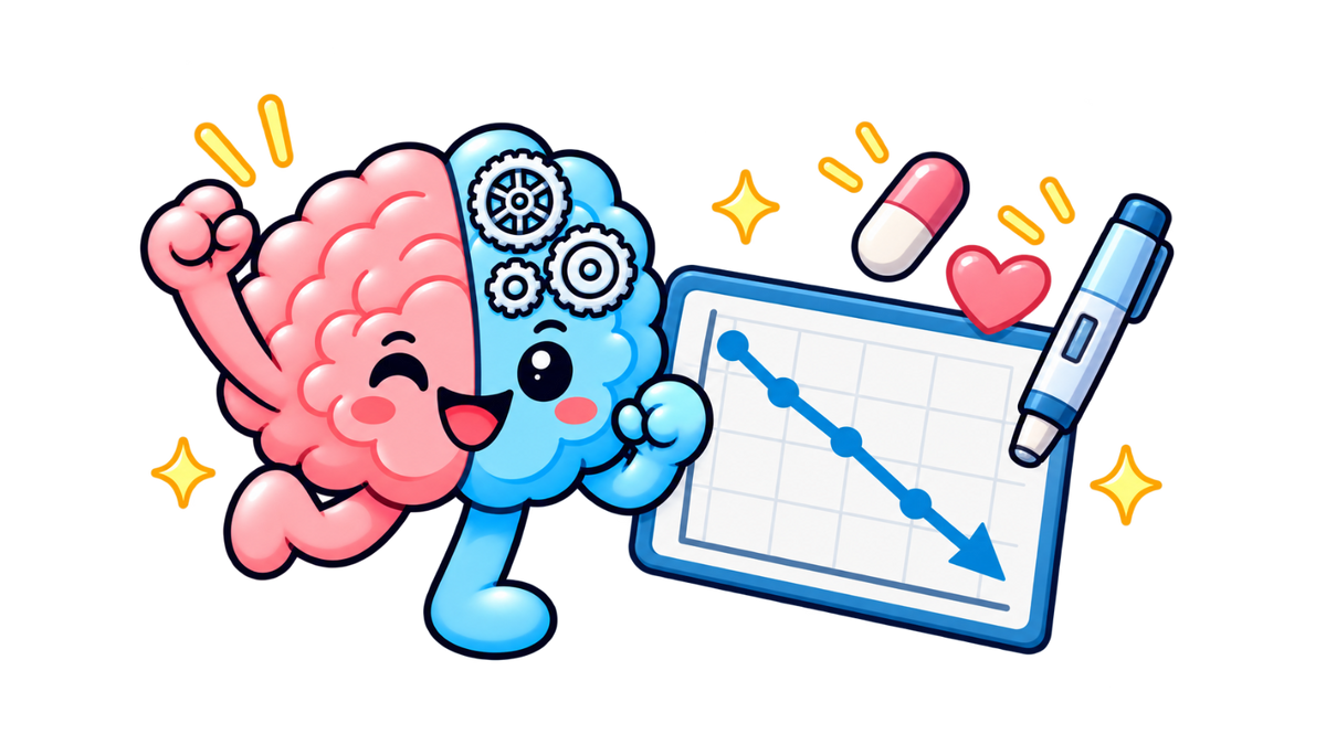 Skipper the brain mascot cheering next to a chart of migraine days going down