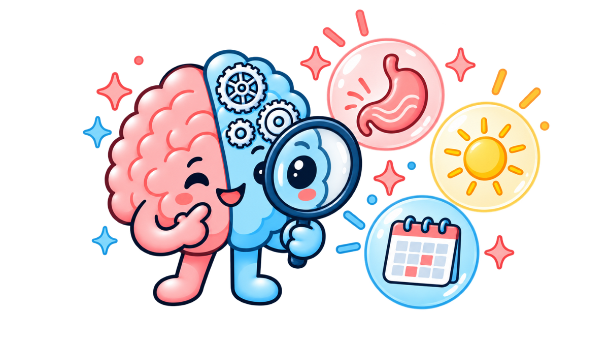 Skipper the brain mascot with a magnifying glass looking at nausea, light sensitivity and missed days