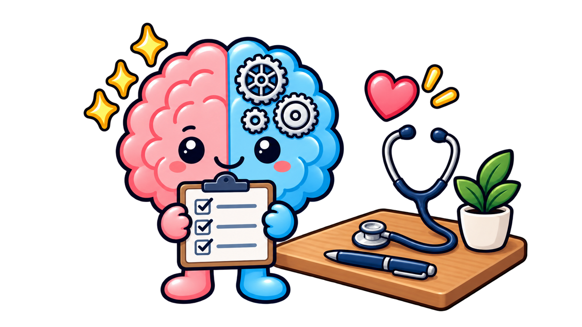 Cerebral Torque brain mascot holding a checklist clipboard next to a stethoscope, pen and plant on a desk