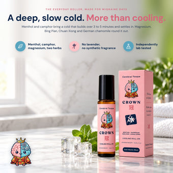 CROWN cooling roll-on and box on a marble counter with mint and ice. A deep, slow cold, more than cooling: menthol, camphor, magnesium, Bing Pian and Chuan Xiong, no lavender, independently lab tested