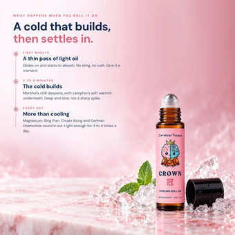 CROWN migraine relief roll-on with the cap off on pink marble with ice. A cold that builds over 3 to 5 minutes, then settles in