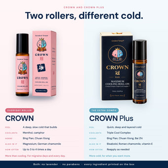 CROWN and CROWN Plus side by side: CROWN is the everyday roller with a deep, slow cold that builds; CROWN Plus is the extra oomph with the Triple Cool Complex