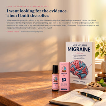 CROWN roll-on and box beside the book Unraveling Migraine on a writing desk: the founder story behind the roller, from Cerebral Torque