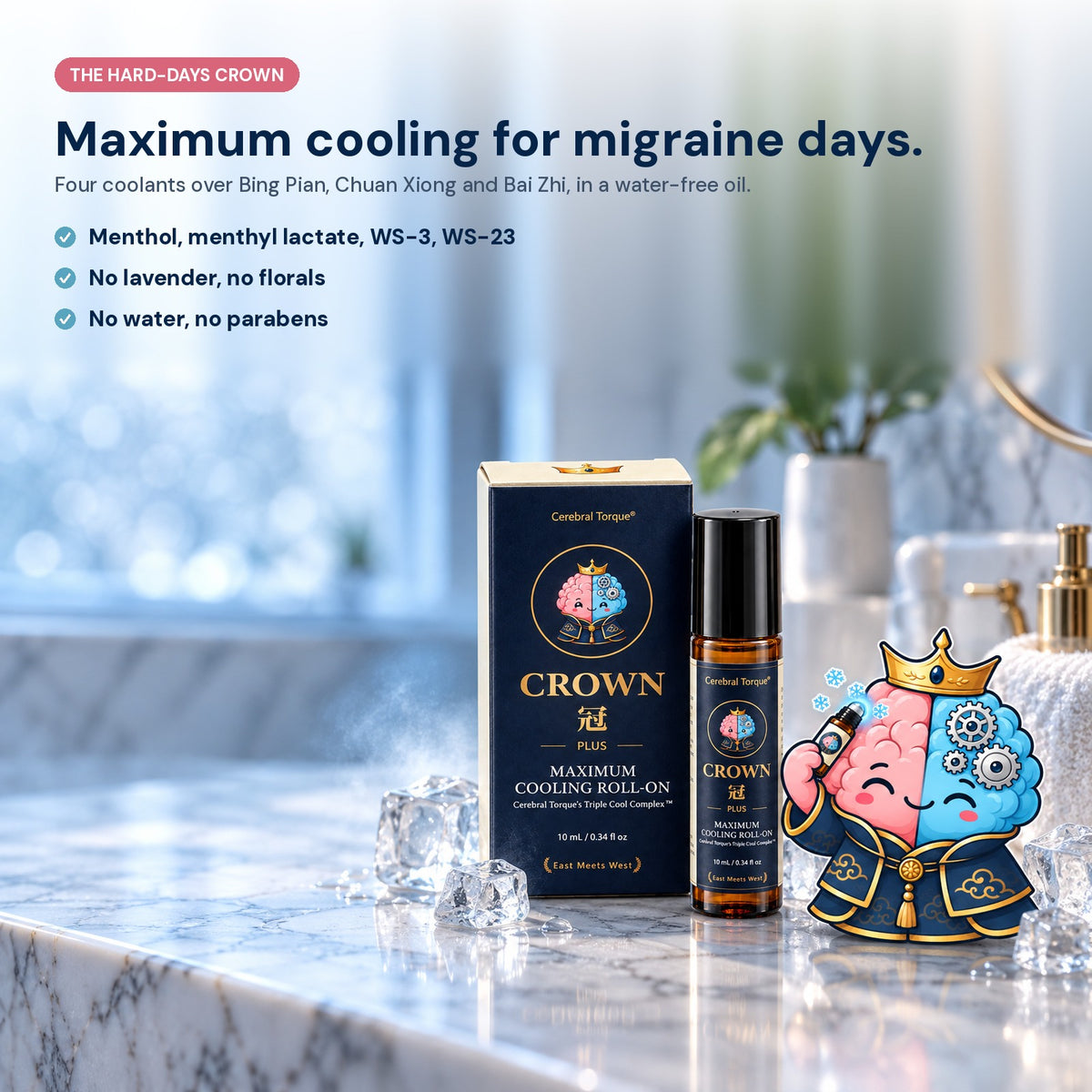 CROWN Plus, the hard-days CROWN: maximum cooling for migraine days. Four coolants, no lavender, no water, no parabens