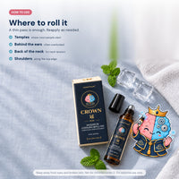 Where to roll CROWN Plus: temples, behind the ears, back of the neck, shoulders. A thin pass, reapply as needed