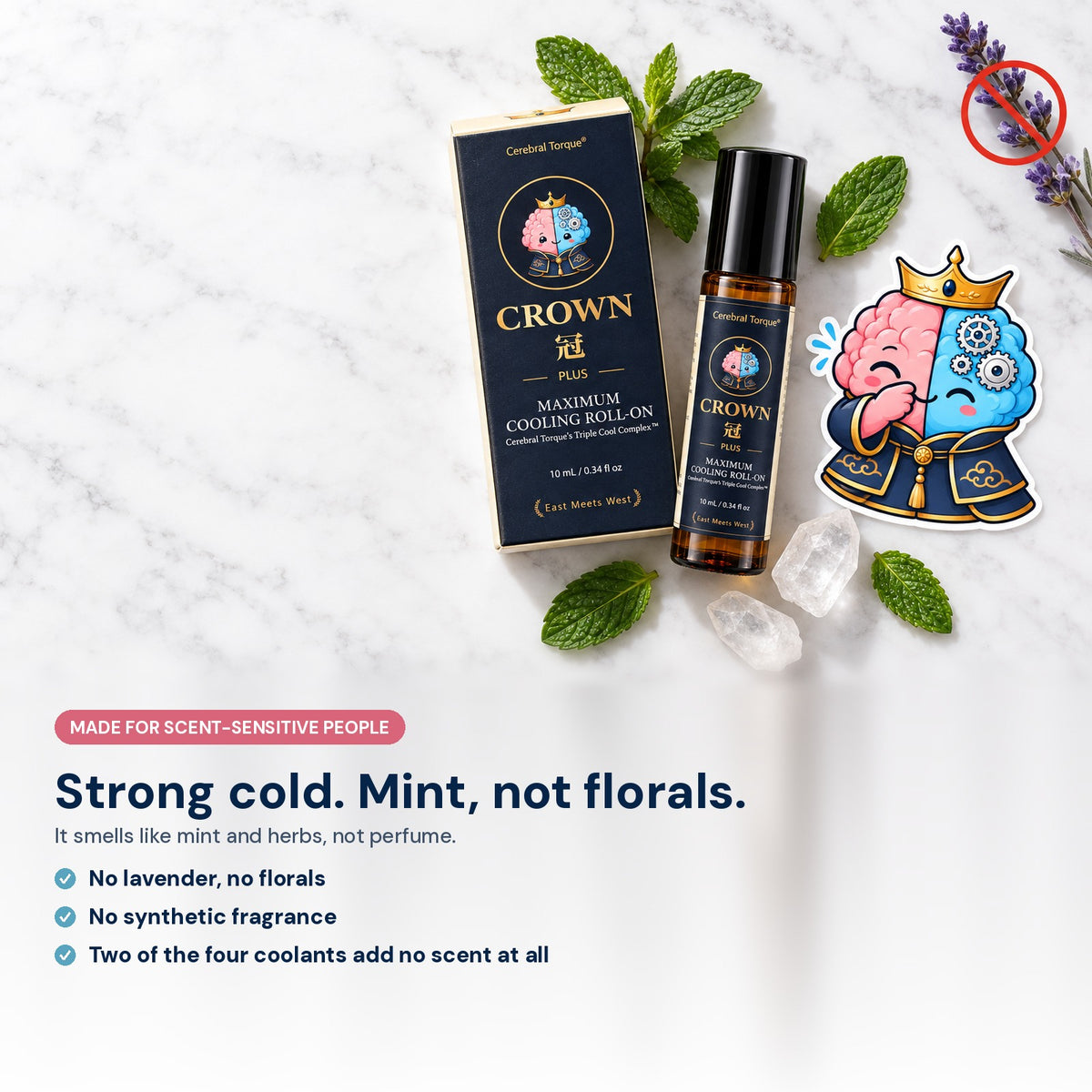 CROWN Plus smells like mint and herbs, not perfume. No lavender, no florals, no synthetic fragrance