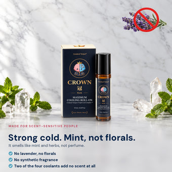 CROWN Plus on white marble with mint and quartz. Smells like mint and herbs, not perfume. No lavender, no florals, no synthetic fragrance