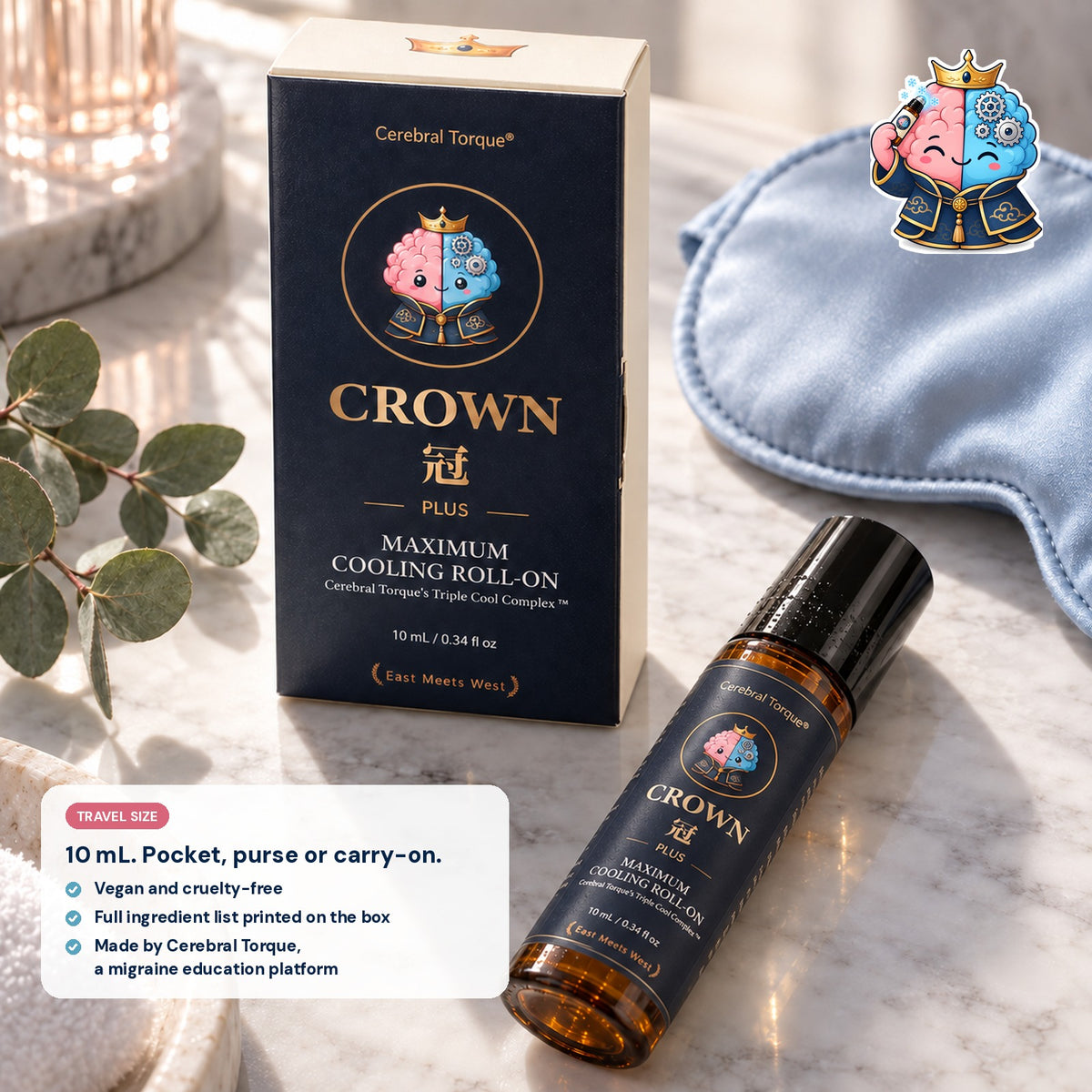 CROWN Plus 10 mL travel-size roll-on on a marble vanity, vegan and cruelty-free, made by Cerebral Torque