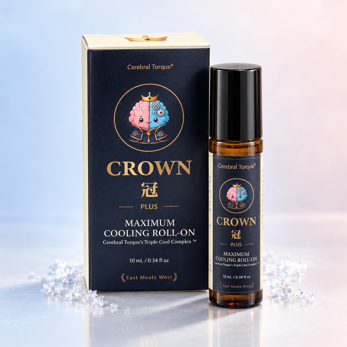 CROWN Plus Maximum Cooling Roll-On for migraine and headache by Cerebral Torque, 10 mL amber roller with navy box