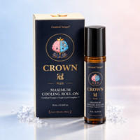CROWN Plus Maximum Cooling Roll-On for migraine and headache by Cerebral Torque, 10 mL amber roller with navy box