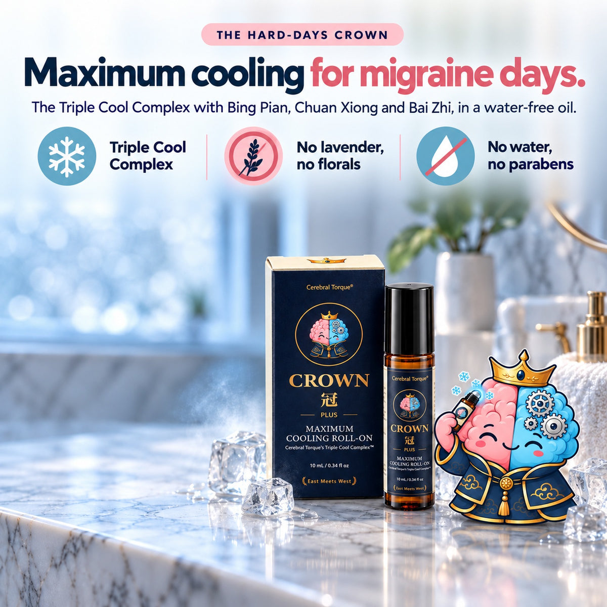 CROWN Plus, the hard-days CROWN: maximum cooling for migraine days. Triple Cool Complex, no lavender, no florals, no water, no parabens