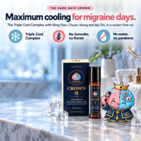 CROWN Plus, the hard-days CROWN: maximum cooling for migraine days. Triple Cool Complex, no lavender, no florals, no water, no parabens