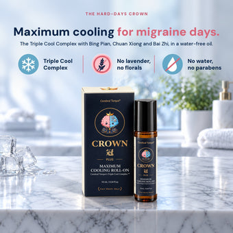 CROWN Plus Maximum Cooling Roll-On box and bottle on a marble bathroom counter with ice. Triple Cool Complex, no lavender, no florals, no water, no parabens