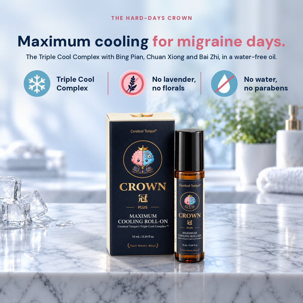 CROWN Plus Maximum Cooling Roll-On box and bottle on a marble bathroom counter with ice. Triple Cool Complex, no lavender, no florals, no water, no parabens