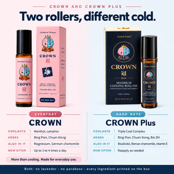 CROWN and CROWN Plus side by side: CROWN is the everyday roller, more than cooling; CROWN Plus is the hard-days roller with the Triple Cool Complex