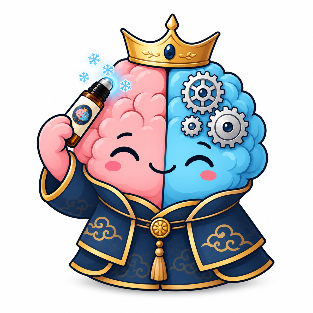 Illustration of the CROWN Plus mascot rolling the cooling roll-on onto its temple