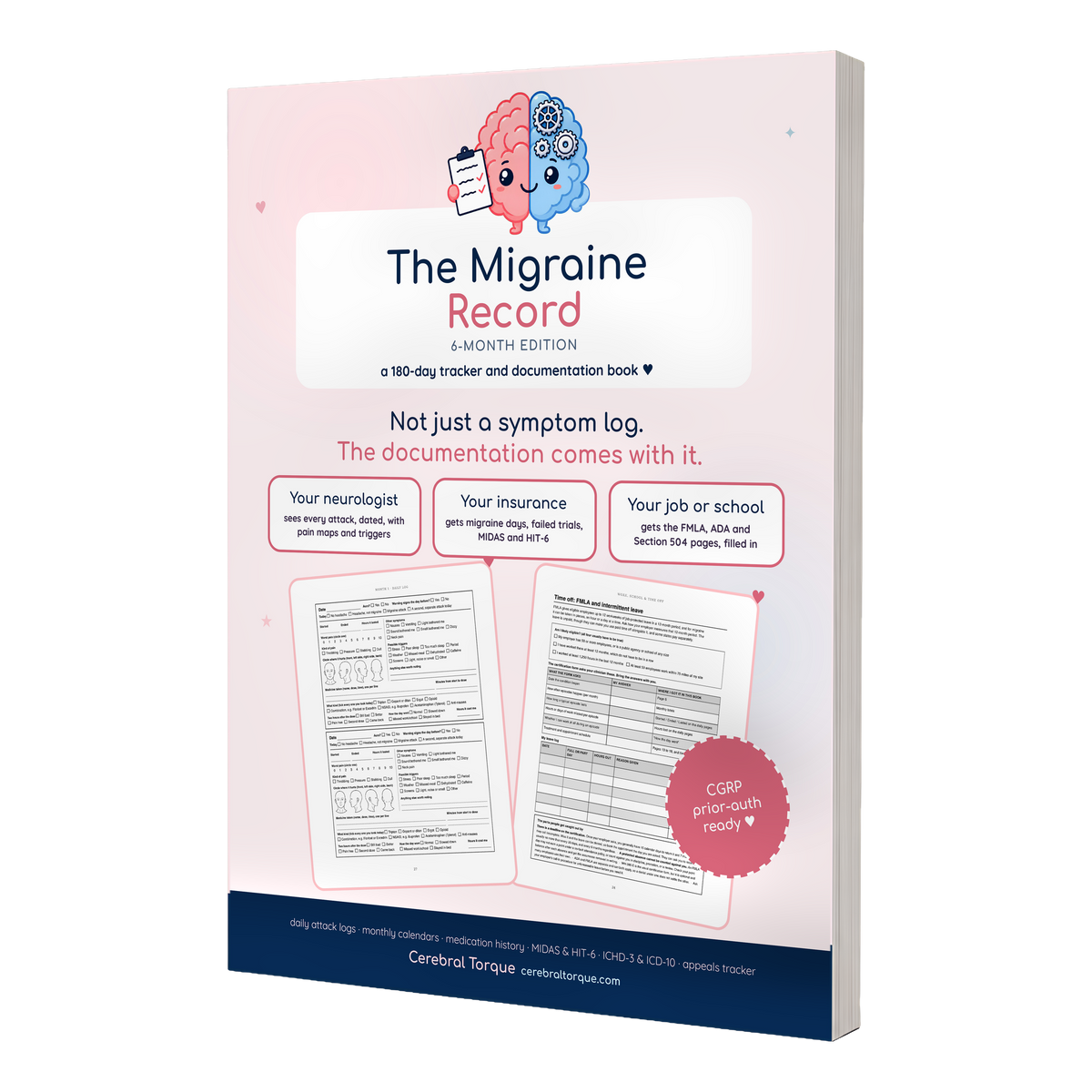 The Migraine Record 6-Month Edition, 8.5 x 11 inch paperback migraine tracker covering 180 days
