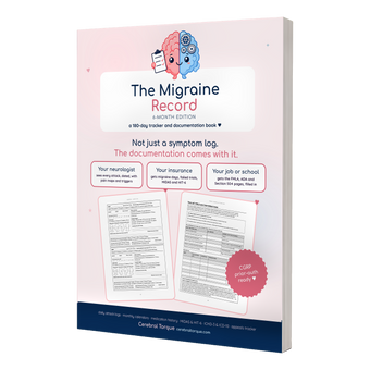 The Migraine Record 6-Month Edition, 8.5 x 11 inch paperback migraine tracker covering 180 days