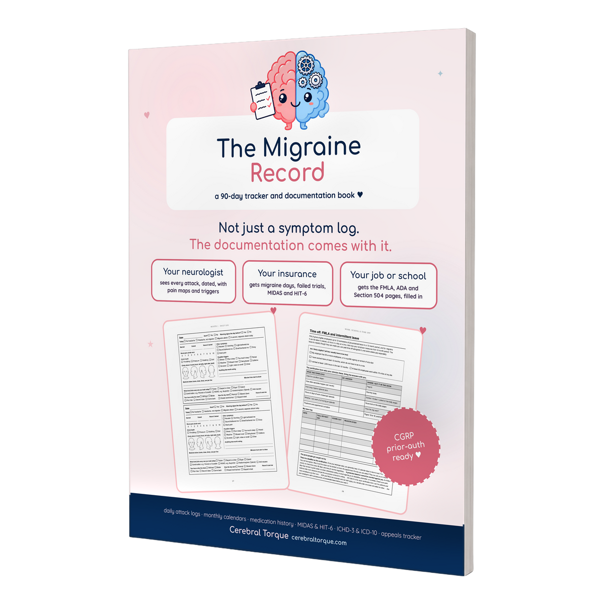 The Migraine Record 90-Day Edition, 8.5 x 11 inch paperback migraine tracker and documentation book