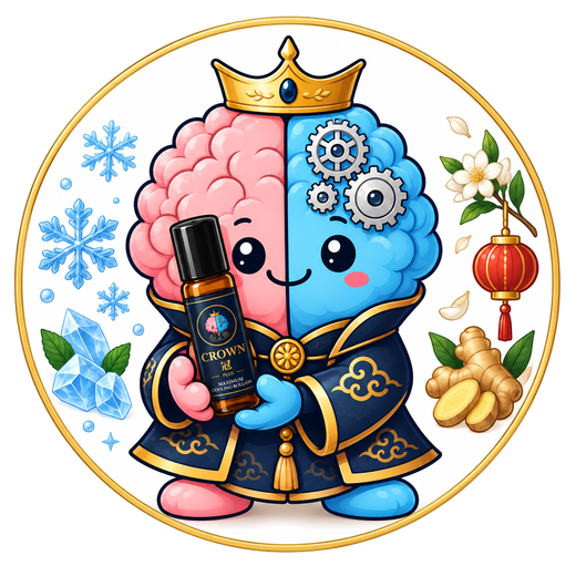 Illustration of the CROWN Plus mascot with the roller between a Western snowflake and an Eastern herbal motif